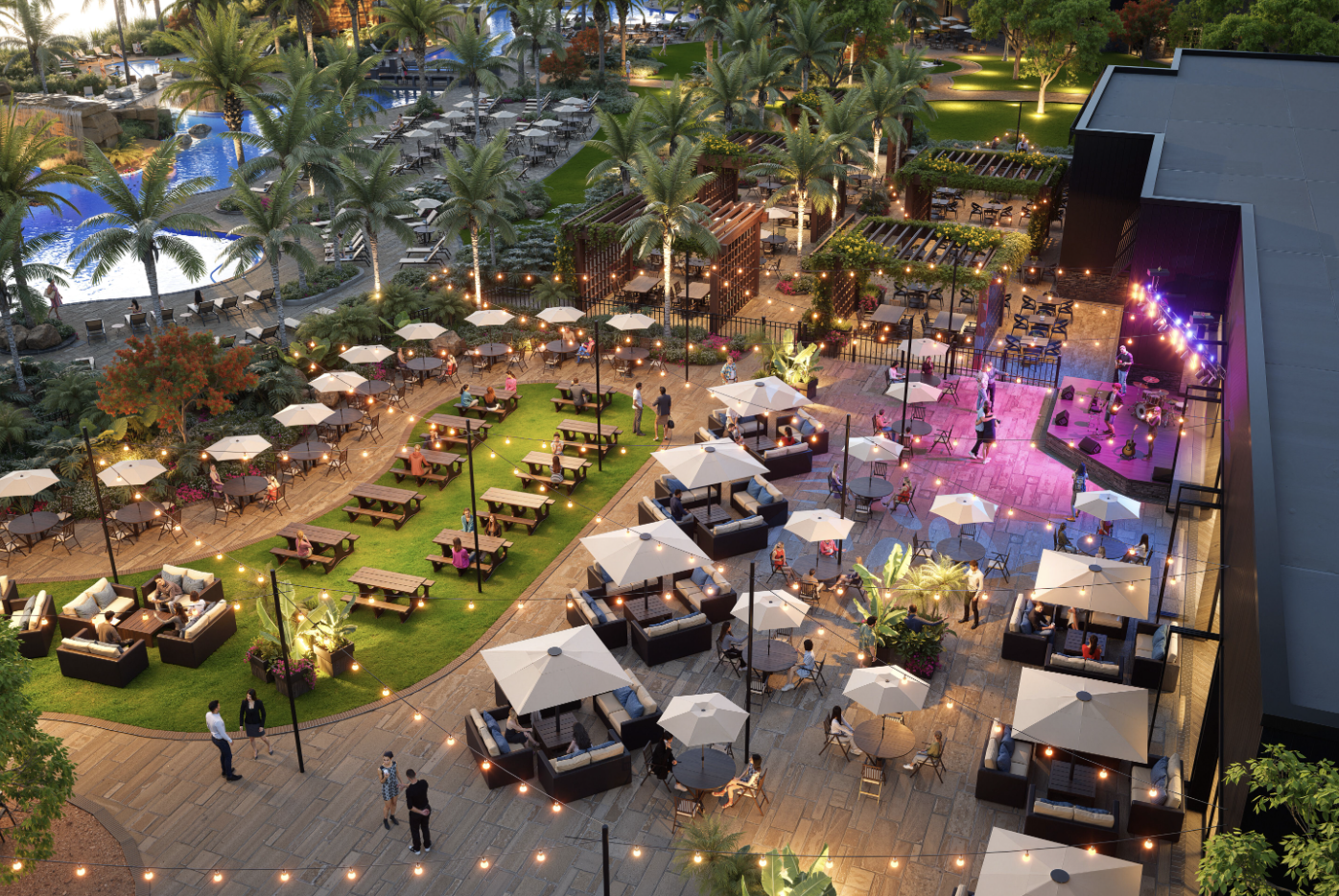 Resort-style outdoor dining and entertainment area at Kingston South in Estero, Florida
